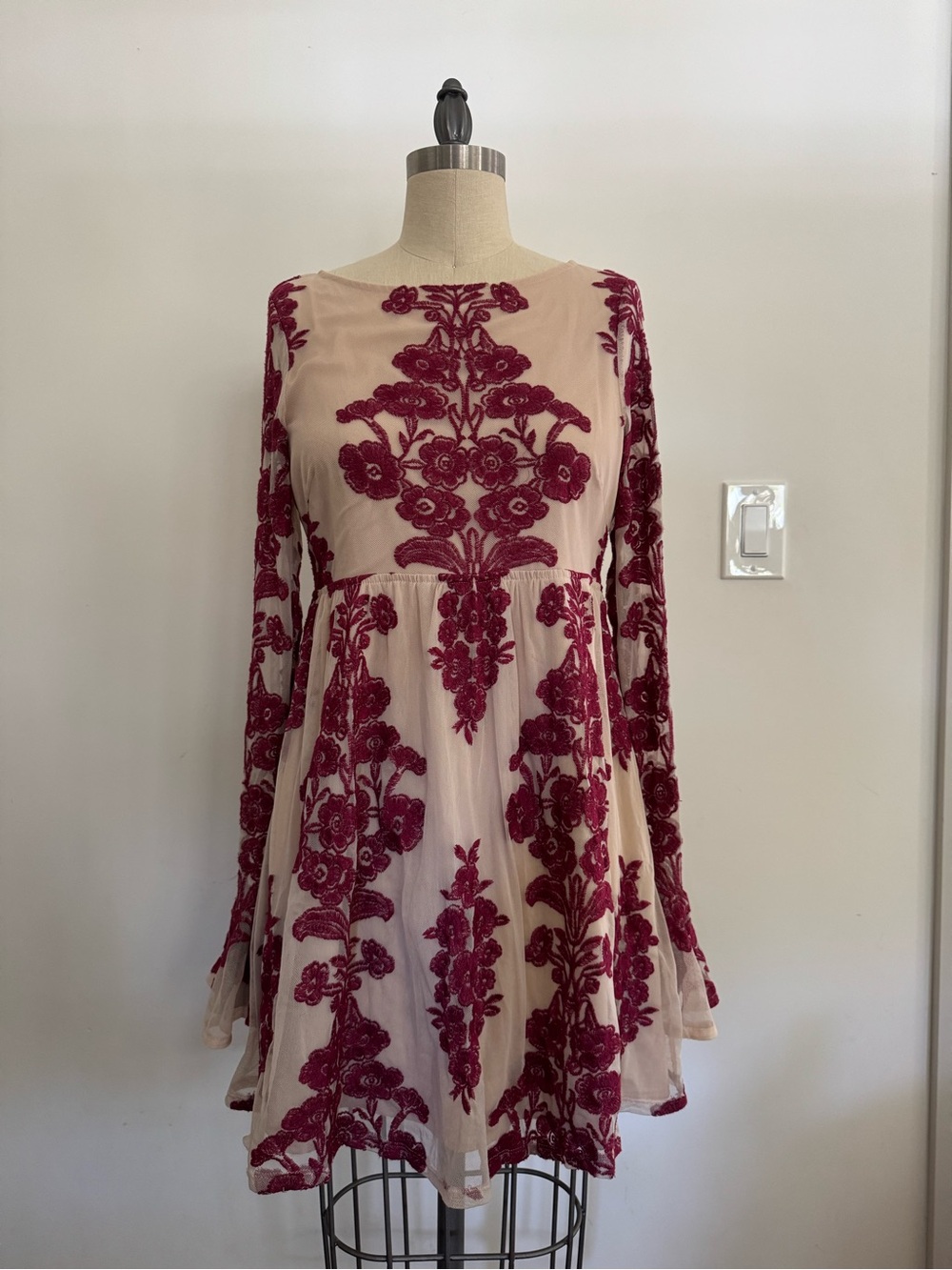 For Love & Lemons Temecula Mini Dress with Burgundy Floral Embroidery